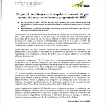 La petrolera estatal precisó que la decisión se enmarca en las disposiciones del Ministerio de Minas y Energía, la Comisión de Regulación de Energía y Gas y las recomendaciones del Consejo Nacional de Operación de Gas - crédito Ecopetrol