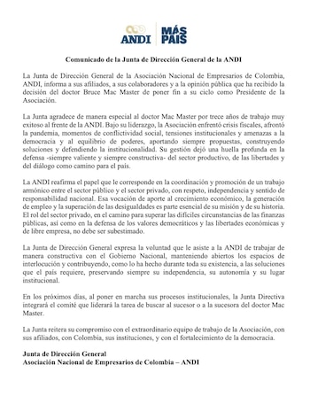 Bruce Mac Master fue presiente de la Andi durante 13 años - crédito Andi