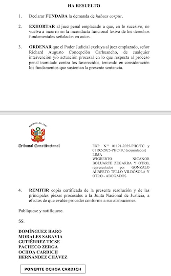 Documento legal del Tribunal Constitucional de Perú con el escudo nacional peruano, titulado HA RESUELTO, con cuatro puntos de la sentencia
