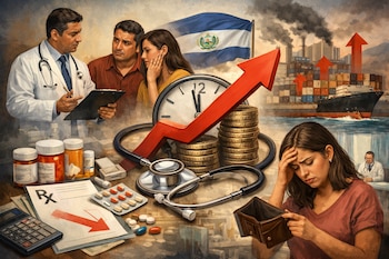 Ilustración de un médico y una pareja, una mujer con cartera vacía, medicinas, reloj, monedas, bandera de El Salvador y puerto industrial con flechas de aumento.