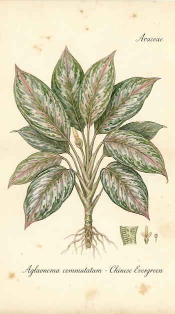 Una ilustración botánica de una planta Aglaonema con hojas verdes y rosadas, mostrando su tallo, raíces y detalles florales en un fondo claro con manchas de envejecimiento.
