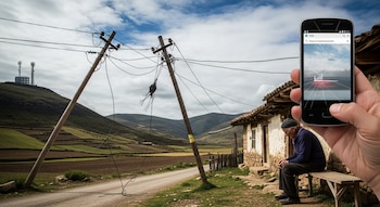 Hombre mayor en zona rural. Casa rústica. Dos postes de madera inclinados con cables. Mano sostiene móvil con pantalla rota y señal baja. Torres de comunicación.