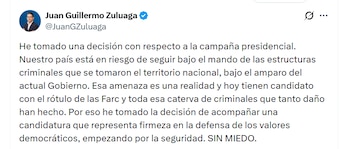 Juan Guillermo Zuluaga expresó su