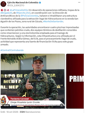Desmantelaron estructura para extraer hidrocarburos de forma ilegal en Cúcuta - crédito @COL_EJERCITO/X