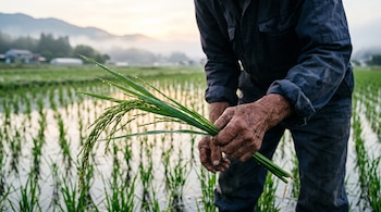 Las manos de un agricultor sostienen una planta de arroz con gotas de agua sobre un arrozal inundado al amanecer.