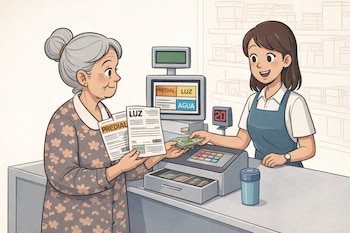 Una mujer mayor con blusa de flores y moño, y una cajera joven en un mostrador. Hay recibos de predial y luz, dinero en efectivo y una caja registradora.