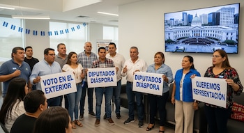 Grupo de salvadoreños sostiene carteles con "VOTO EN EL EXTERIOR" y "DIPUTADOS DIÁSPORA". Detrás, una pantalla muestra el edificio de la Asamblea Legislativa de El Salvador.