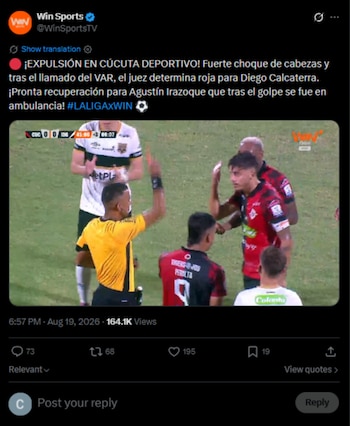 El árbitro Carlos Andrés Márquez revisó la acción en el VAR y expulsó a Diego Calcaterra por considerar que actuó con fuerza deliberada contra el argentino-crédito Win Sports