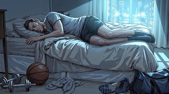 Hombre durmiendo en cama. Mesita de noche, dos mancuernas, balón de baloncesto, zapatillas deportivas, bolsa de gimnasio, ventana con ciudad iluminada de noche.