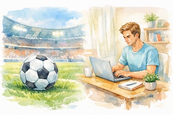 Pintura en acuarela de un balón de fútbol en un estadio y, al lado, un hombre joven concentrado trabajando en una computadora portátil en su casa.