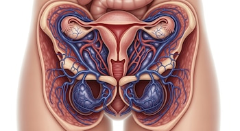 Ilustración médica de la anatomía pélvica femenina con útero, ovarios y densa red de vasos sanguíneos rojos y azules sobre fondo blanco.