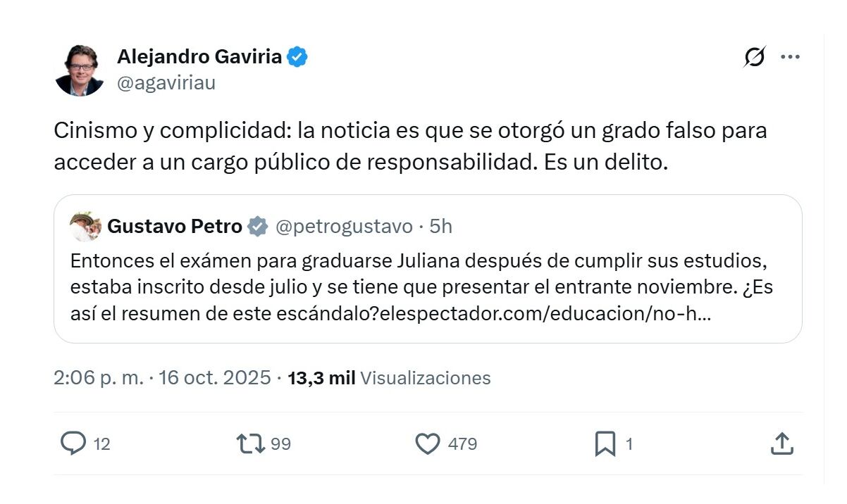 Con esta publicación en X, el exministro Alejandro Gaviria lanzó una dura respuesta al presidente Gustavo Petro, frente a la defensa a Juliana Guerrero - crédito @Agaviriau/X