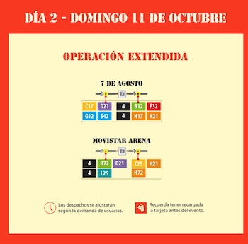 Infografía sobre la operación extendida de rutas de transporte en cuatro estaciones para el sábado 10 de octubre