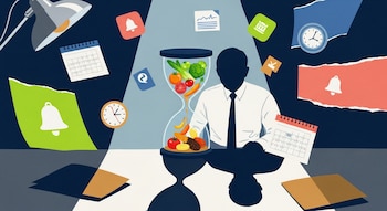 Ilustración de hombre sentado en escritorio, con sombra de reloj de arena llena de frutas, vegetales y comida procesada. Incluye calendarios, relojes y notificaciones.