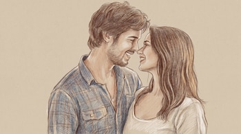 Ilustración de un hombre con barba y camisa a cuadros, y una mujer con cabello largo y camiseta clara, ambos sonriendo y mirándose cerca.