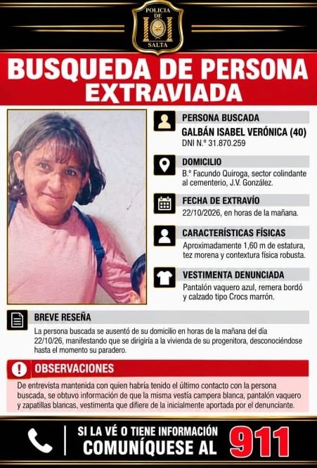 Isabel Verónica Galbán, de 40 años, permanece desaparecida desde la mañana del 22 de octubre