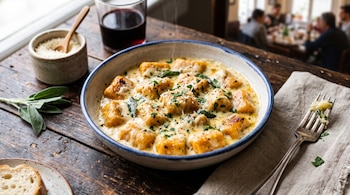 Un cuenco con ñoquis cubiertos de salsa, hojas verdes y queso rallado, situado sobre una mesa con una copa de vino y un tenedor.