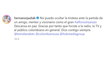 El fallecimiento de Lizarazo también fue lamentado por figuras como Hernán Orjuela, quien resaltó su papel como mentor y amigo - crédito Instagram