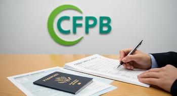 Una mano escribe en un formulario de solicitud de crédito sobre una mesa de madera clara, junto a un pasaporte estadounidense y un documento migratorio. El logo verde de la CFPB aparece en el fondo.