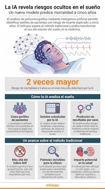 Infografía de una persona durmiendo con conexiones neuronales, gráficos médicos y datos sobre cómo la inteligencia artificial analiza el sueño para predecir mortalidad.