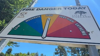 Un cartel de advertencia de incendio de la Ciudad de Oakland muestra "FIRE DANGER TODAY", el puntero está en "HIGH" (Alto), contra un cielo azul