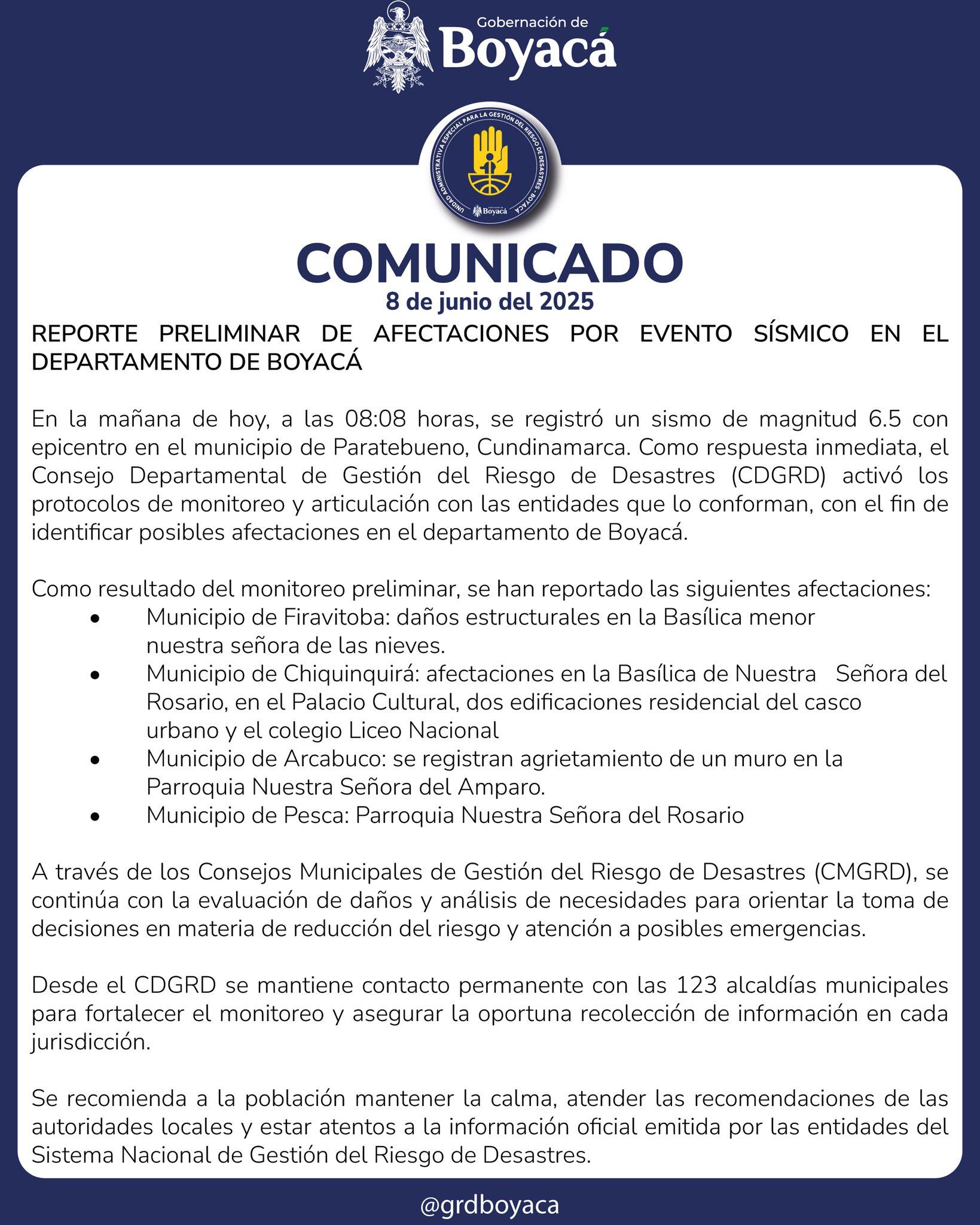 Gestión del Riesgo de Desastres de Boyacá - crédito @GRDBoyaca / X