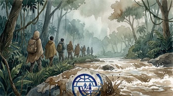 Ilustración acuarela de migrantes avanzando en fila por una selva lluviosa con río, árboles, lianas y el logo de la OIM sobre una roca.