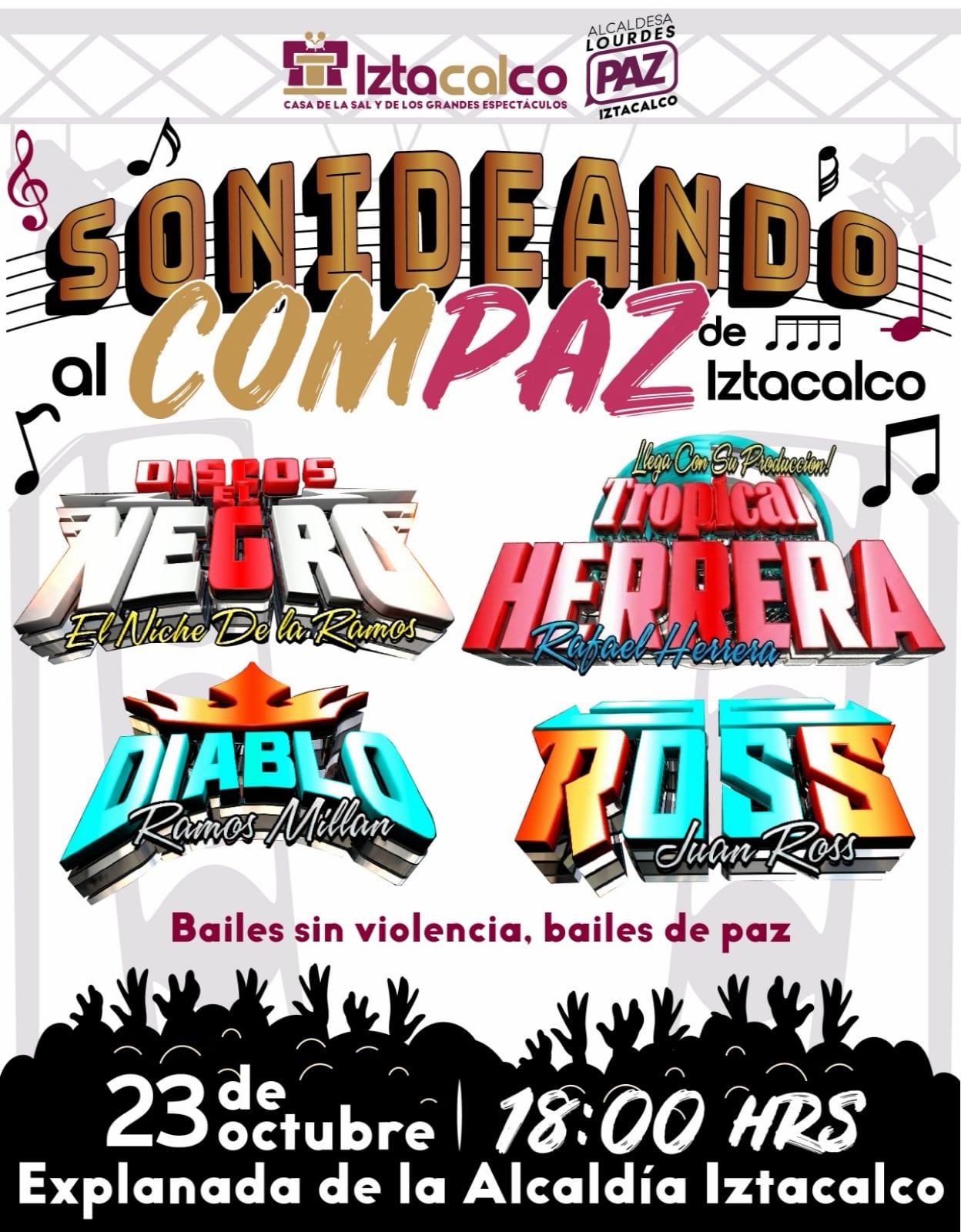 Un cartel anuncia el evento musical Sonideando al compaz de Iztacalco programado para el veintitrés de octubre en la explanada de la demarcación. (Alcaldía Iztacalco)
