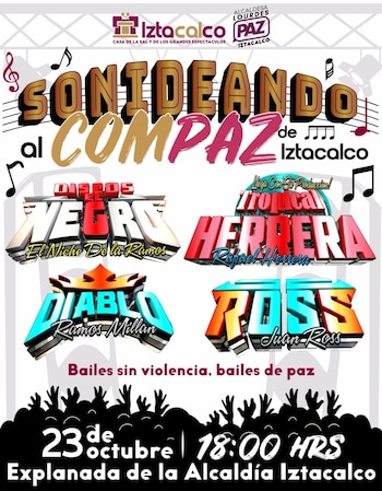 Cartel con el título Sonideando al compaz de Iztacalco, nombres de agrupaciones musicales, siluetas de personas y la fecha del evento