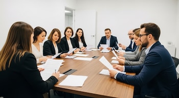 Vista de un focus group con ocho profesionales, cuatro mujeres y cuatro hombres, sentados alrededor de una mesa de madera con documentos en una oficina blanca.