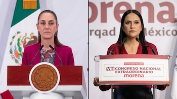 En un díptico, Claudia Sheinbaum con blazer fucsia y la bandera de México, junto a Citlalli Hernández con blusa roja y un cartel del Congreso de Morena.