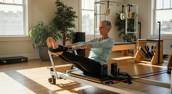 Una mujer de cabello corto y canoso, vestida con ropa deportiva, realiza un ejercicio de pilates en una máquina reformer en un estudio con ventanas.