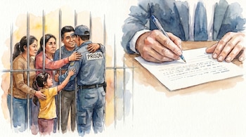 Una ilustración de acuarela muestra a una familia interactuando con un guardia de prisión a través de barrotes y, al lado, una mano escribiendo un documento.