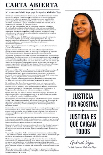 Carta del papá de Agostina Vega