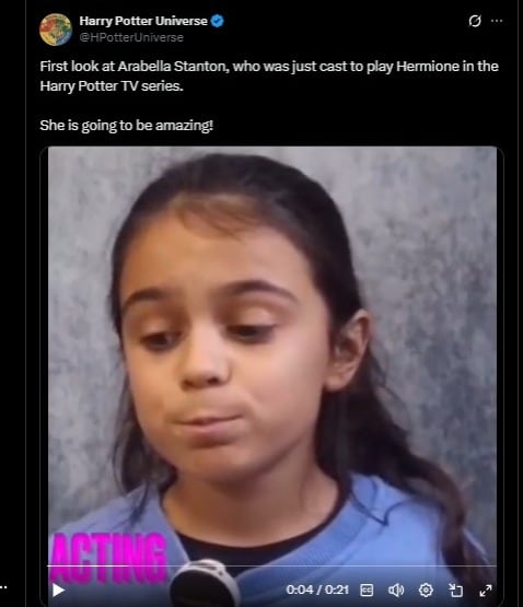 Arabella Stanton fue elogiada por su audición para interpretar a Hermione Granger. (X/Harry Potter Universe)