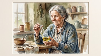 Ilustración en acuarela de una mujer mayor sentada a la mesa que sostiene un frasco de vidrio con un líquido amarillo.