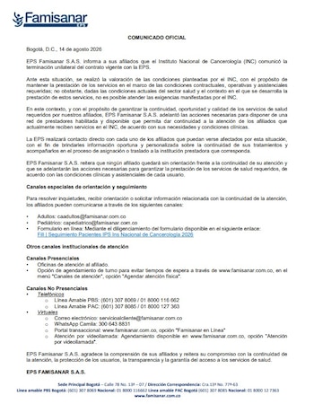 La decisión del Instituto Nacional de Cancerología afecta a pacientes oncológicos adultos y pediátricos de Famisanar - crédito Famisanar