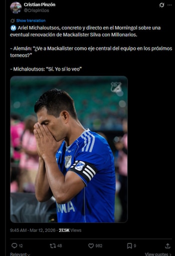 El periodista de Caracol Radio citó las palabras del director deportivo de Millonarios sobre la renovación de David Mackalister Silva-crédito @Crispinllos/X