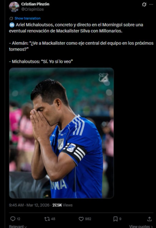 El periodista de Caracol Radio citó las palabras del director deportivo de Millonarios sobre la renovación de David Mackalister Silva-crédito @Crispinllos/X