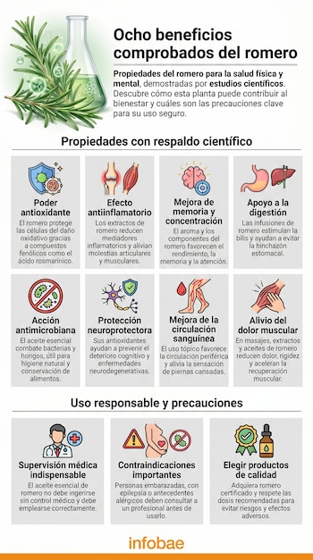Infografía mostrando una rama de romero y un matraz de laboratorio, rodeados de íconos que ilustran ocho beneficios para la salud y tres precauciones.
