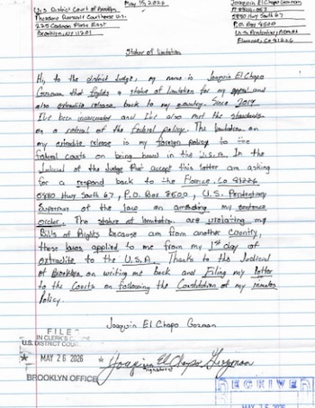La onceava carta de Joaquín El Chapo Guzmán al juez Brian Cogan