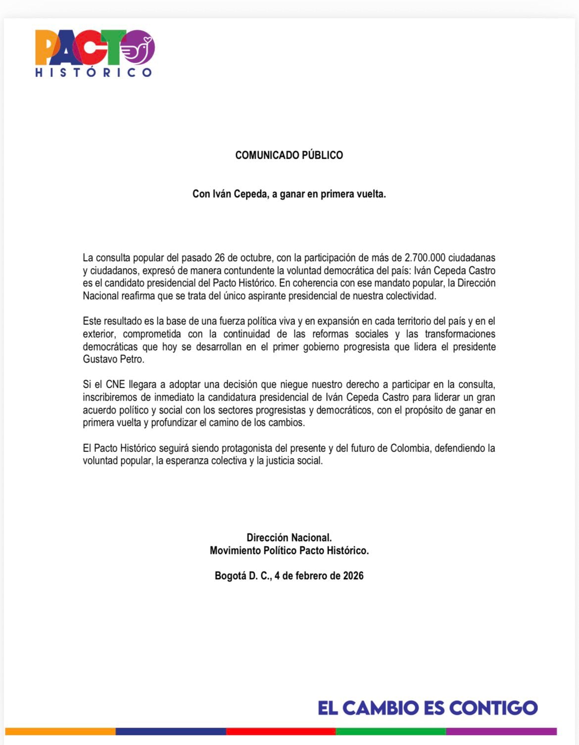 La colectividad aseguró que apoyará a Iván Cepeda si el CNE decide que no puede participar en la consulta interpartidista - crédito Pacto Histórico