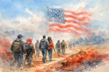 Grupo de personas caminando en un sendero. Bandera de Estados Unidos ondeando en el fondo. Ilustración en acuarela con tonos azul, rojo, tierra y gris.