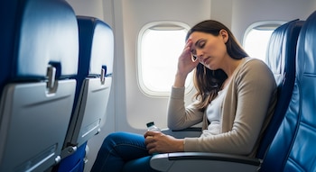 Mujer sentada en asiento de avión junto a ventanilla, ojos cerrados, mano en la frente y botella en la otra mano. Asientos azules en primer plano.