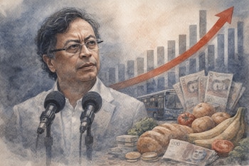 Ilustración en acuarela de un hombre con gafas frente a micrófonos, con gráficos ascendentes, billetes, un autobús, pan, frutas y verduras al fondo.