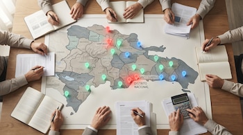 Vista aérea de un mapa de República Dominicana con marcadores luminosos que resaltan regiones. Varias manos revisan documentos y una calculadora alrededor del mapa.