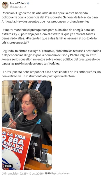 Isabel Zuleta cuestionó los subsidios de energía en Antioquia - crédito @ISAZULETA/X