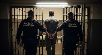Un hombre esposado, visto de espaldas, es flanqueado por dos policías penitenciarios que lo guían hacia una celda con rejas, litera e inodoro.