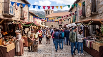 Personas con ropa moderna y de época caminan entre puestos de artesanía y banderines coloridos en una calle empedrada de piedra.