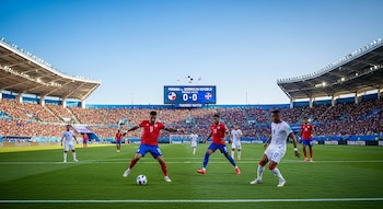 Una cancha de fútbol verde con jugadores de Panamá (uniforme rojo) y República Dominicana (uniforme blanco) en acción, con un marcador digital y gradas llenas de gente.